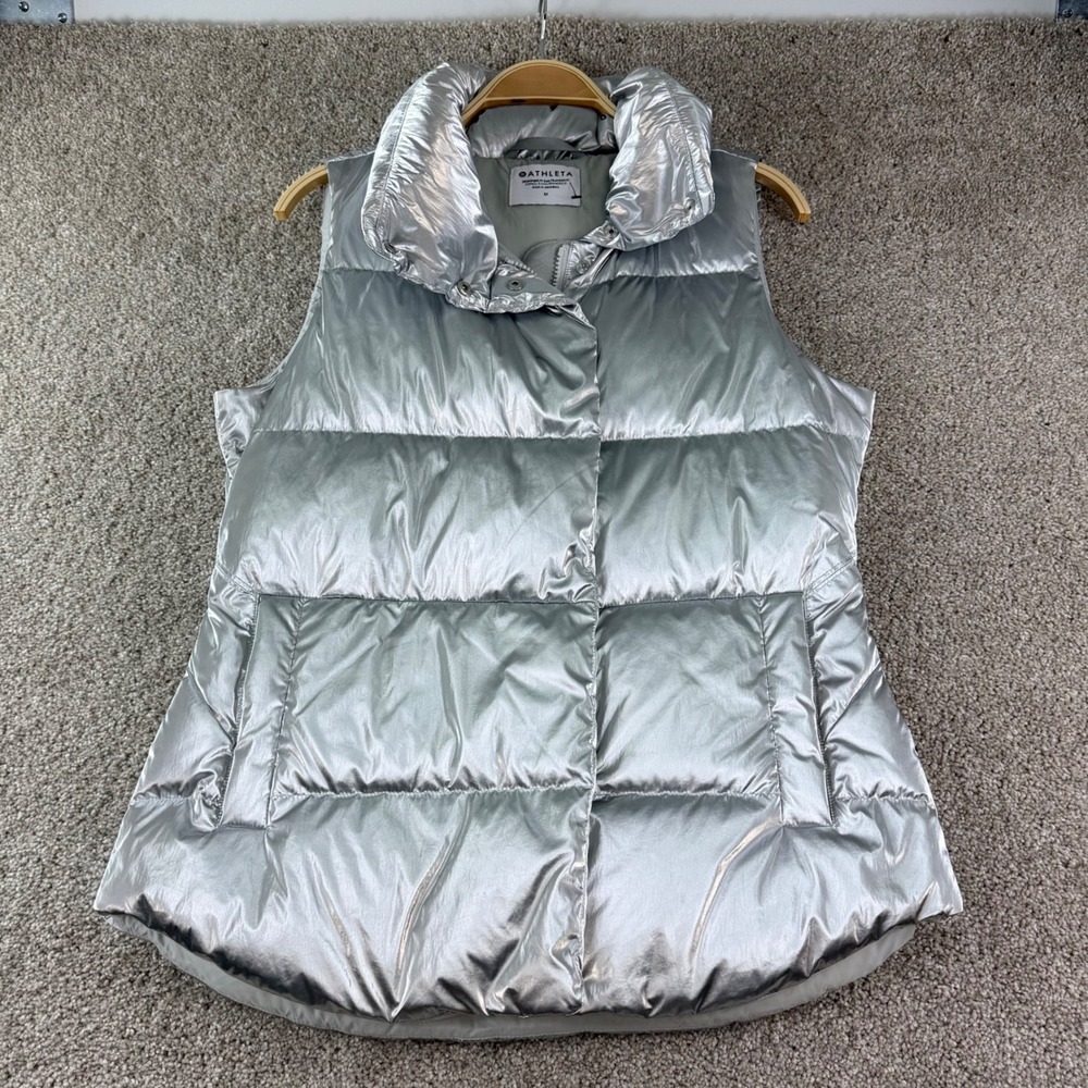 Athleta Downtown Metallic Puffer Vest Womens M Silver Shiny Down Fill
